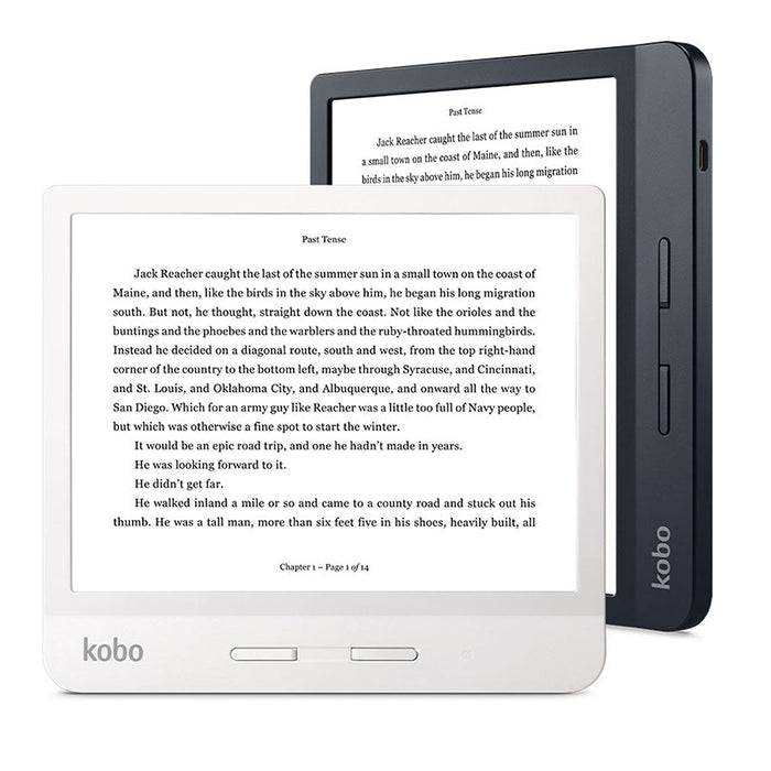 Kobo Libra H2O in black and white, positioned in portrait and landscape.